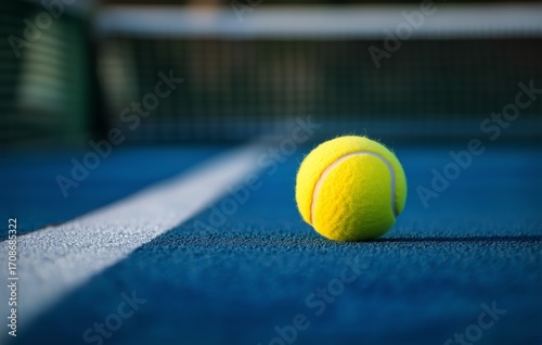 Yellow Tennis Ball Rests on Blue Court Near the White Line Before the Match B...