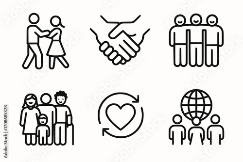 Black and white linear icons representing human interaction and community