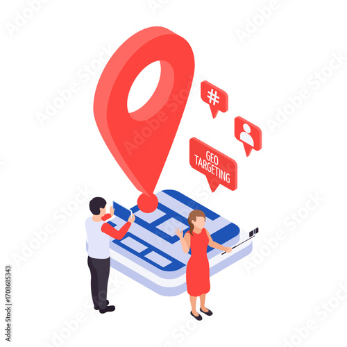 Geo targeting concept with people taking selfies for social media posts