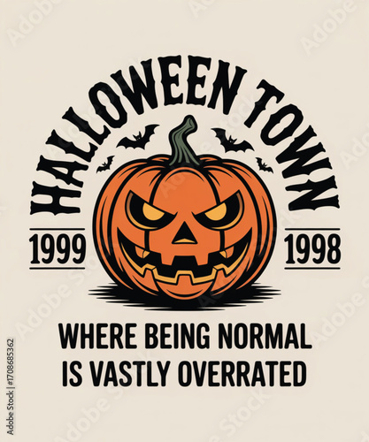 Halloween town pumpkin with bats and text, where normal is overrated