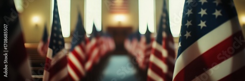 United States Flags Arranged in a Solemn Setting for a Ceremony or Event in a...