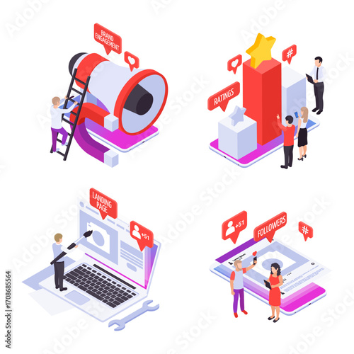 Isometric Illustrations of Social Media Marketing and Engagement