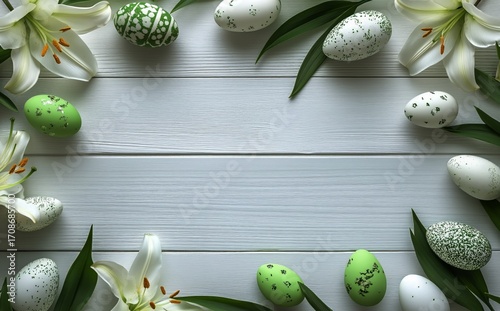 Colorful Decorated Eggs and White Lilies on a Wooden Surface for Easter Celeb...