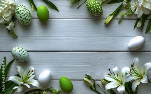 Colorful Decorated Eggs and White Lilies on a Wooden Surface for Easter Celeb...