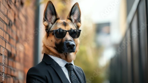 Sophisticated German Shepherd Dog Portrait: Wearing a Suit, Tie, and Sunglasses Against a Brick Wall Backdrop