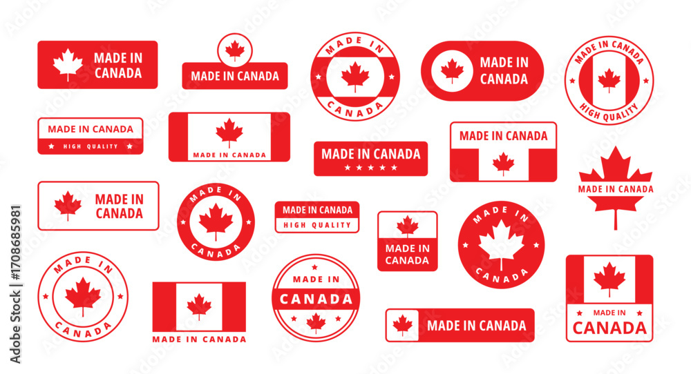 Naklejka premium Made in Canada labels. Canadian maple leaf red flag, product business stamp, national retail and industry sticker. Patriotic and travel local emblem. Vector isolated badge set