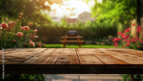Natural Garden Setting With Wooden Table Surrounded by Flowers During Golden ...