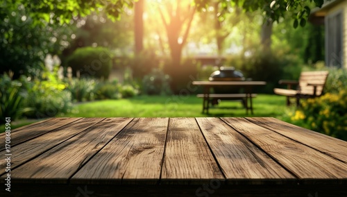 Relaxing Afternoon in a Sunny Backyard With Wooden Table and Bench.