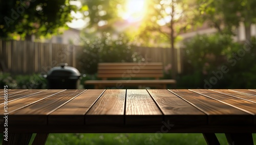 Relaxing Afternoon in a Sunny Backyard With Wooden Table and Bench