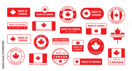 Made in Canada labels. Canadian maple leaf red flag, product business stamp, national retail and industry sticker. Patriotic and travel local emblem. Vector isolated badge set