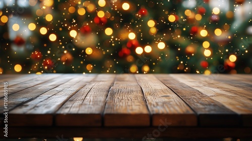 Rustic Wooden Table With Bokeh Christmas Lights in Background During Festive ...