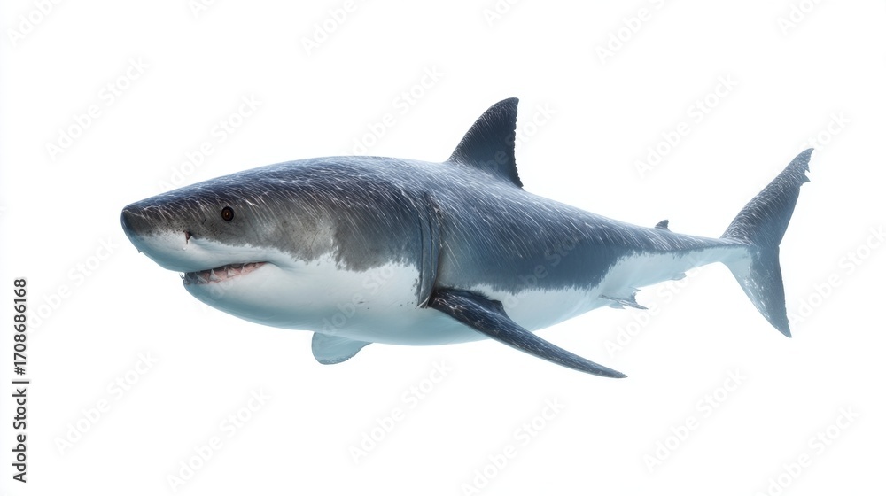 Obraz premium A magnificent great white shark swims gracefully in clear water. This striking marine creature represents strength and power. Ideal for educational or wildlife-themed projects. AI