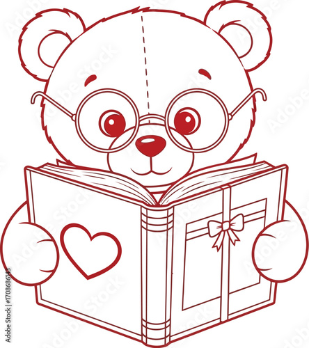 Cute teddy bear reading book outline vector design editable vector