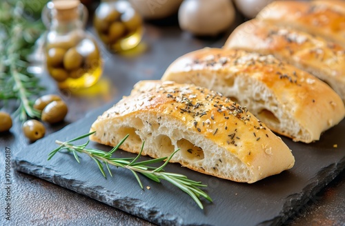 Freshly Baked Bread Topped With Herbs and Olive Oil on a Rustic Table Setting
