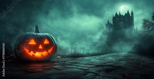 Spooky Halloween Scene With Glowing Pumpkin and Haunted Castle at Night