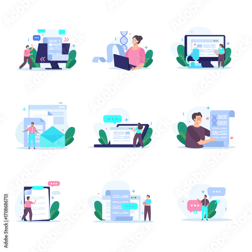 A collection of modern flat illustrations depicting business process and workflow concepts
