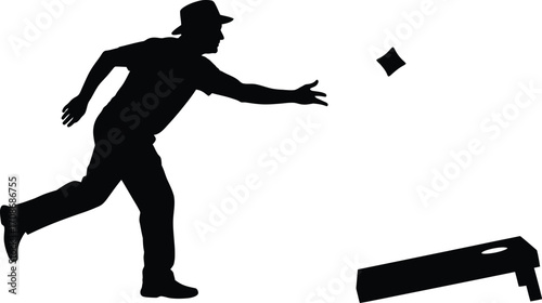 Silhouette of man throwing bean bag at cornhole board editable vector
