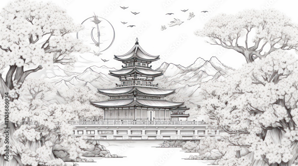Naklejka premium Monochrome asian pagoda landscape
