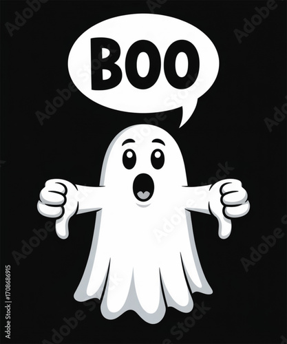 A cute cartoon ghost saying boo with thumbs down