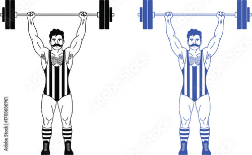 Vintage strongman weightlifting barbell illustration editable vector