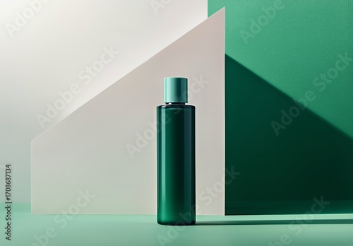 Elegant Green Bottle With Geometric Shapes on a Minimalist Background in Soft...