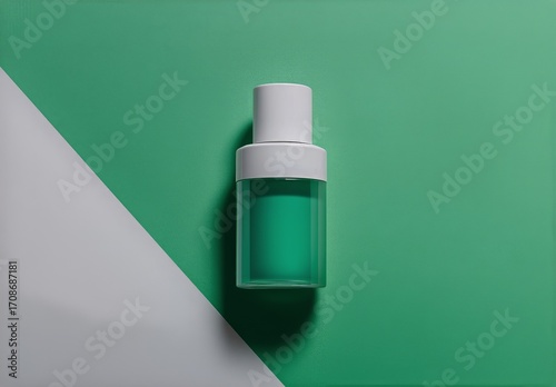 Elegant Green Bottle With Geometric Shapes on a Minimalist Background in Soft...