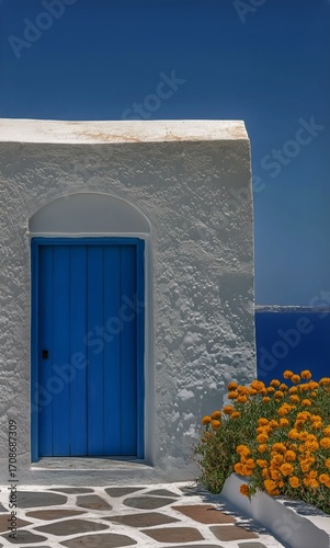 Bright Blue Door With Yellow Flowers Against White Wall in Santorini Under Cl...