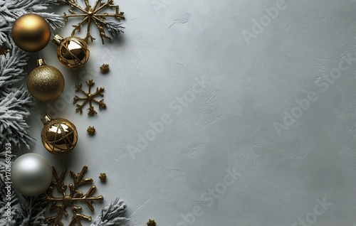 Festive Holiday Decorations With Gold and Silver Ornaments on a Light Background