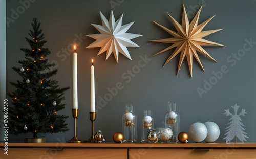 Holiday Decor With Candles, Trees, and Stars on a Wooden Table in a Cozy Sett...