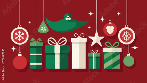 Christmas Gift Boxes and Ornaments Hanging on Strings with Red Background for Holiday Season