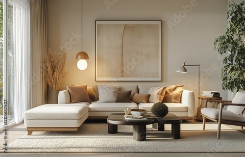 Stylish Living Room With Natural Light and Modern Decor Featuring Neutral Ton...