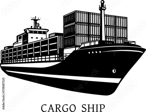 A large cargo ship with containers, realistic detail on png Background
