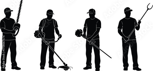 Lawn care workers with tools silhouette vector art editable vector