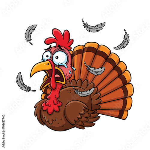 Crying Thanksgiving Turkey Losing Feathers - Humorous Cartoon