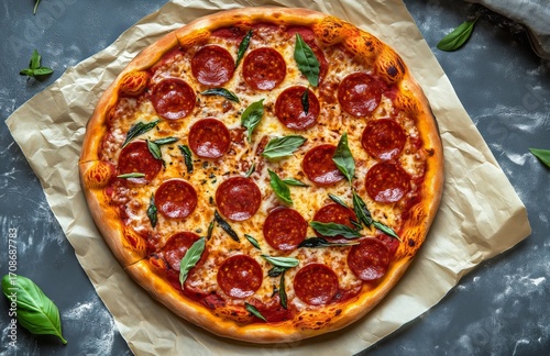 Pepperoni Pizza With Fresh Basil on a Wooden Table at a Cozy Restaurant.