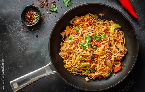 Delicious Stir-Fried Noodles With Vegetables and Spices in a Skillet on a Dar...