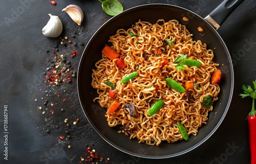Delicious Stir-Fried Noodles With Vegetables and Spices in a Skillet on a Dar...