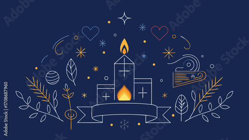 Elegant Candle Illustration with Hearts Stars and Botanical Elements on Dark Blue Background