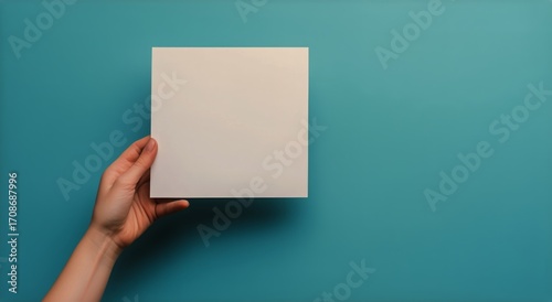 Blank White Card Held by a Hand Against a Solid Blue Background for Creative ...