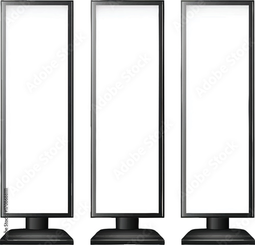 Three blank vertical digital advertising screens on stands with white backgrounds billboard