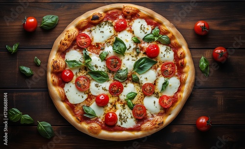 Freshly Baked Margherita Pizza With Tomatoes and Basil on Wooden Table