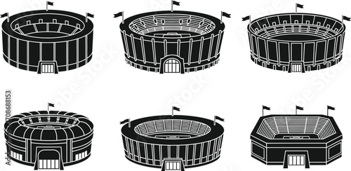 Collection of diverse stadium architectures in silhouette style