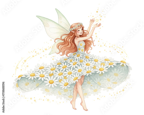 Graceful fairy with a charming smile and daisy dress