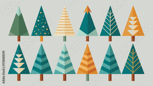 Collection of Colorful Geometric Christmas Trees on a Gray Background for Holiday Season