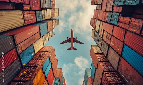 Plane Flying Over Colorful Shipping Containers at a Busy Port During the Day.