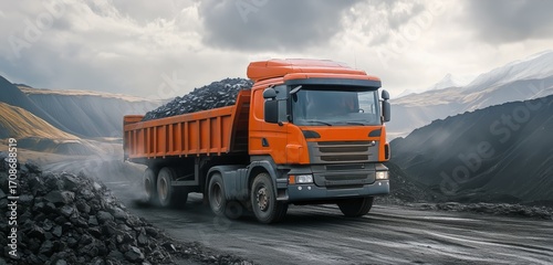 Transporting Coal Using an Orange Dump Truck in a Mountain Quarry Under Dark ...