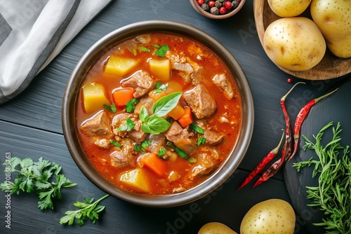 Delicious Beef Stew With Fresh Vegetables and Herbs Served in a Rustic Bowl.