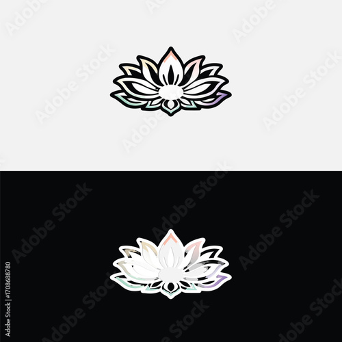 An ethereal lotus flower logo design, isolated on white background, shimmers with iridescent hues, ideal for beauty brands, holistic centers, or creative agencies seeking a unique emblem