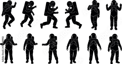 Astronaut silhouette vector set featuring space suit poses, walking, running, standing, isolated black figures for science and animation design