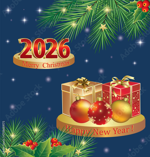 Merry Christmas 2026. Greeting card with gift boxes and balls decorated fir branches and rowan berries on blue background. Festive composition with date 2026 and gift on golden podiums. Vector 3d